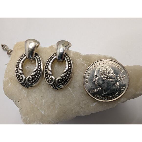 Brighton Oval Silver Tone Scroll Detail Post Earrings 1 Inch - Picture 3 of 5